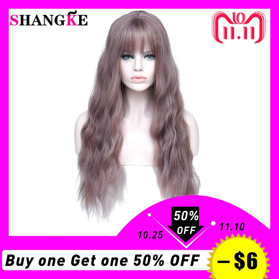 SHANGKE 26" Long Mix Purple Womens Wigs with Bangs Heat Resistant Synthetic Kinky Curly Wigs for Women African American