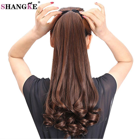 SHANGKE HAIR 22'' Long Curly Synthetic Ponytail Light Brown Drawstring Clip In Ponytail Hair Extensions Heat Resistant Hair Tail